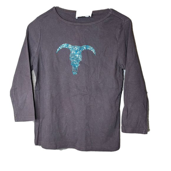 Don't Mess With Texas Tops - Dont Mess With Texas Top Womens L Youth Brown L Sleeve Blue Rhinestone Longhorn